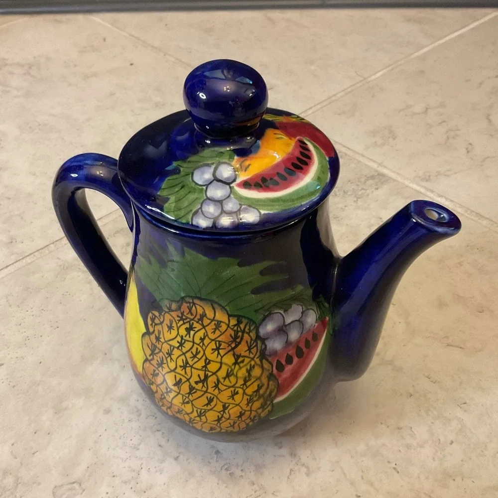 Vintage Mexican Pottery Fruit Teapot Cobalt Blue Hand Painted Ceramic Mexico